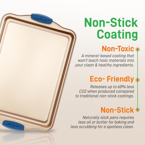 Kitchen Oven Baking Pans - Deluxe Nonstick Gold Coating Inside and outside Carbon Steel Bakeware Set With Blue Silicone Handles