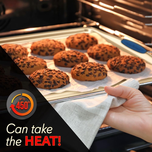 Kitchen Oven Baking Pans - Deluxe Nonstick Gold Coating Inside and outside Carbon Steel Bakeware Set With Blue Silicone Handles