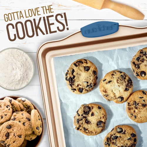 Kitchen Oven Baking Pans - Deluxe Nonstick Gold Coating Inside and outside Carbon Steel Bakeware Set With Blue Silicone Handles