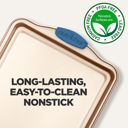 Kitchen Oven Baking Pans - Deluxe Nonstick Gold Coating Inside and outside Carbon Steel Bakeware Set With Blue Silicone Handles