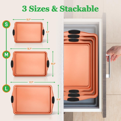 3 Pcs. Flexible & Nonstick Carbon Steel Bakeware Set - Professional Home Kitchen Bake Pan Set with Red Silicone Handles