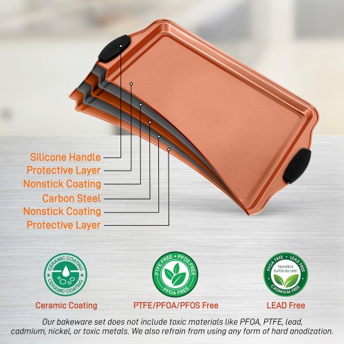 3 Pcs. Flexible & Nonstick Carbon Steel Bakeware Set - Professional Home Kitchen Bake Pan Set with Red Silicone Handles