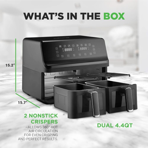 4.4QT Dual Basket Air Fryer - Customized Digital Display Electric Oil Free Cooker with Transparent Window