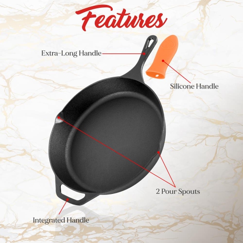 10’’ & 12'' Pre-Seasoned Cast Iron Skillet - Non-stick Cooking Pan With Assist Silicone Handle