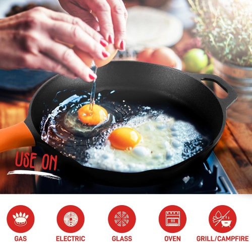 10’’ & 12'' Pre-Seasoned Cast Iron Skillet - Non-stick Cooking Pan With Assist Silicone Handle