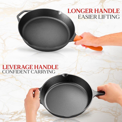 10’’ & 12'' Pre-Seasoned Cast Iron Skillet - Non-stick Cooking Pan With Assist Silicone Handle