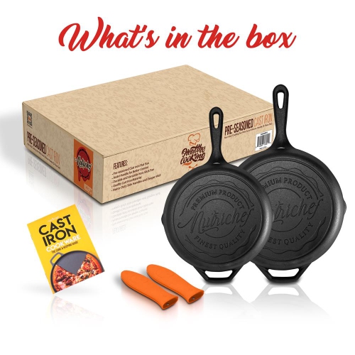 10’’ & 12'' Pre-Seasoned Cast Iron Skillet - Non-stick Cooking Pan With Assist Silicone Handle