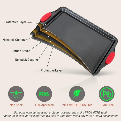 Moules de cuisson pour four de cuisine - revêtement antiadhésif gris de luxe à l'intérieur et à l'extérieur en acier au carbone avec poignées en