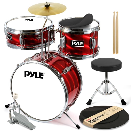 PYLE  13" 3-Piece Kids/junior Drum Set - Metallic Shiny Drum Set With Throne, Cymbal, Pedal, Bass Drum, Tom And Drumsticks In Red