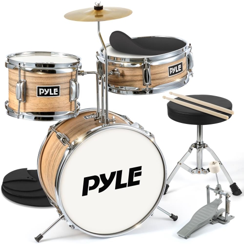 PYLE  13" 3-Piece Kids/junior Drum Set - Metallic Striped Matt Drum Set With Throne, Cymbal, Pedal, Bass Drum, Tom And Drumsticks In Yellow