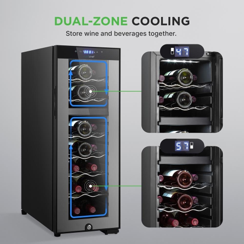 Wine Chilling Refrigerator Cellar - Dual-Zone Wine Cooler/Chiller, Digital Touch Button Control with Air Tight Seal, Placement for Standing Bottles