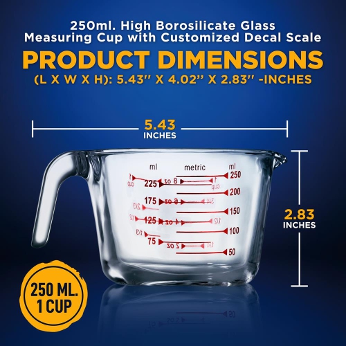 250 ml. High Borosilicate Glass Measuring Cup with Customized Decal Scale
