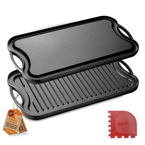 NUTRICHEF  Kitchen Flat Grill Plate Pan - Reversible Cast Iron Griddle, Classic Flat Grill Pan Design With Scraper