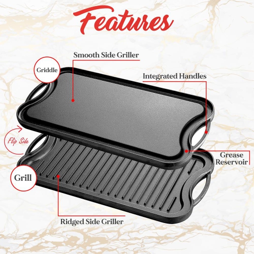 Kitchen Flat Grill Plate Pan - Reversible Cast Iron Griddle, Classic Flat Grill Pan Design with Scraper