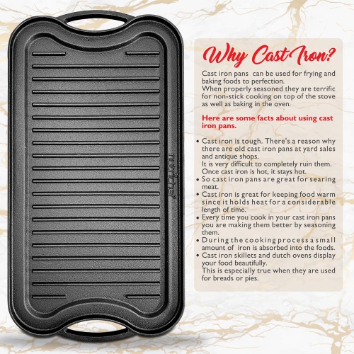 Kitchen Flat Grill Plate Pan - Reversible Cast Iron Griddle, Classic Flat Grill Pan Design with Scraper