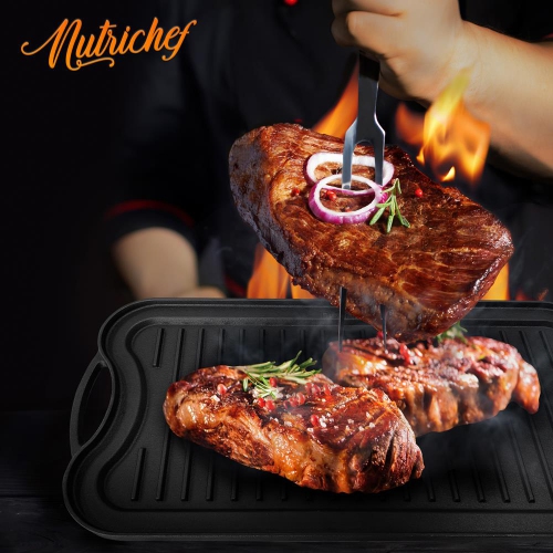 Kitchen Flat Grill Plate Pan - Reversible Cast Iron Griddle, Classic Flat Grill Pan Design with Scraper