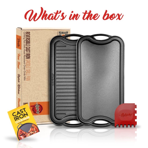 Kitchen Flat Grill Plate Pan - Reversible Cast Iron Griddle, Classic Flat Grill Pan Design with Scraper