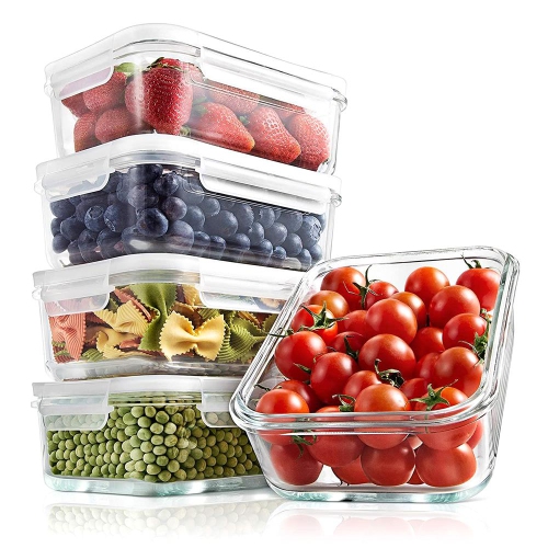 10-Piece Superior Glass Food Storage Containers Set - Stackable Design, Newly BPA-free Airtight Clear Locking lids with Vent Lids & White Air Hole