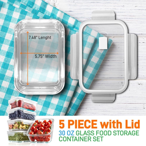 10-Piece Superior Glass Food Storage Containers Set - Stackable Design, Newly BPA-free Airtight Clear Locking lids with Vent Lids & White Air Hole