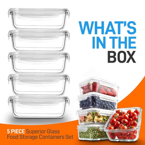 10-Piece Superior Glass Food Storage Containers Set - Stackable Design, Newly BPA-free Airtight Clear Locking lids with Vent Lids & White Air Hole