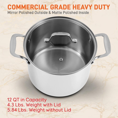 Stainless Steel Cookware Stockpot - 12 Quart, Heavy Duty Induction Pot, Soup Pot With Lid