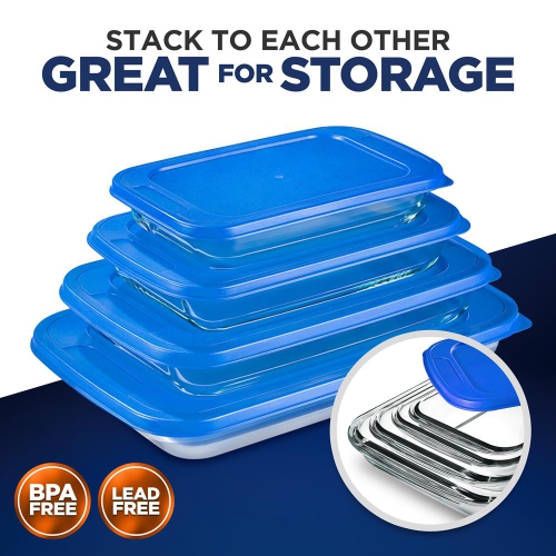 4 Sets of High Borosilicate Rectangular Glass Bakeware Set with PE Lid