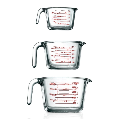3 Pcs. High Borosilicate Glass Measuring Cup with Customized Decal Scale, 250 ml, 500ml, and 1000ml