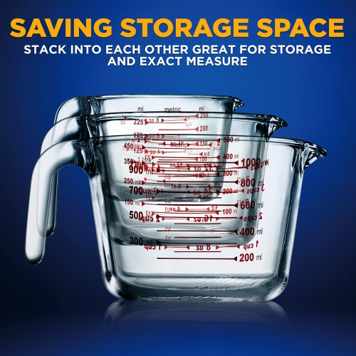 3 Pcs. High Borosilicate Glass Measuring Cup with Customized Decal Scale, 250 ml, 500ml, and 1000ml