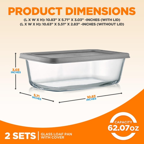 3 Sets High Borosilicate Glass Loaf Pan with Cover - Grip Handles for Easy Carry from Hot Oven To Table, BPA-Free
