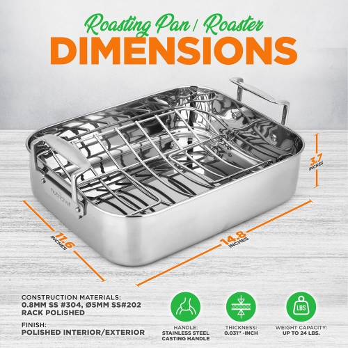 Roasting Pan / Roaster with Polished Rack and Cast Handle