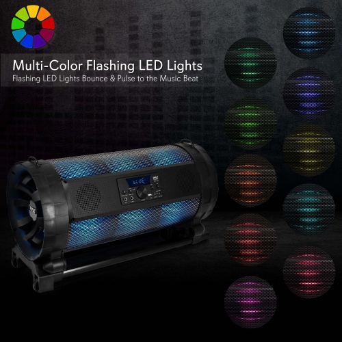 Bluetooth Boom Box Speaker System - Wireless & Portable Stereo Speaker with Built-in LED Lights, FM Radio & Included Karaoke Microphone