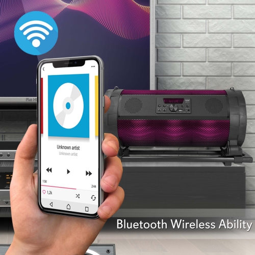 Bluetooth Boom Box Speaker System - Wireless & Portable Stereo Speaker with Built-in LED Lights, FM Radio & Included Karaoke Microphone