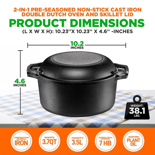 2-in-1 Pre-Seasoned Non-Stick Cast Iron Double Dutch Oven and Skillet Lid