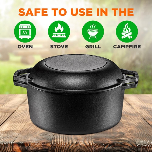 2-in-1 Pre-Seasoned Non-Stick Cast Iron Double Dutch Oven and Skillet Lid