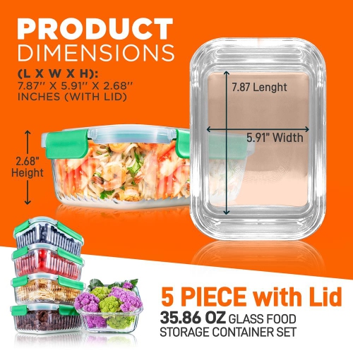 5-Piece Superior Glass Food Storage Containers Set - Stackable Design, Newly BPA-free Airtight Locking lids with Wave Design