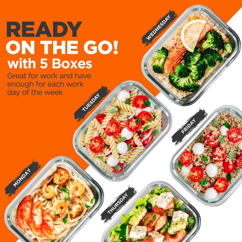 5-Piece Superior Glass Food Storage Containers Set - Stackable Design, Newly BPA-free Airtight Locking lids with Wave Design