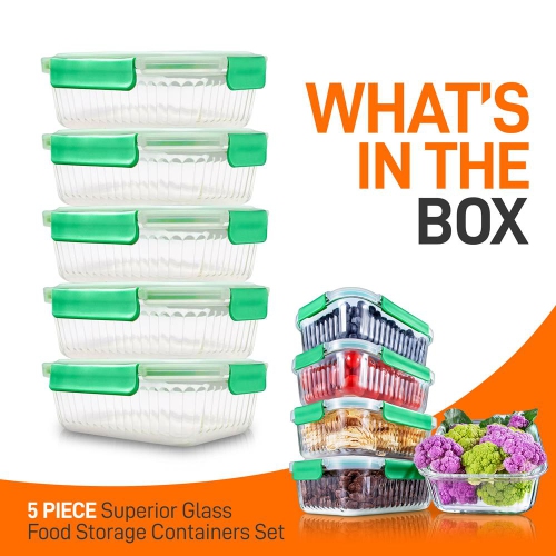 5-Piece Superior Glass Food Storage Containers Set - Stackable Design, Newly BPA-free Airtight Locking lids with Wave Design