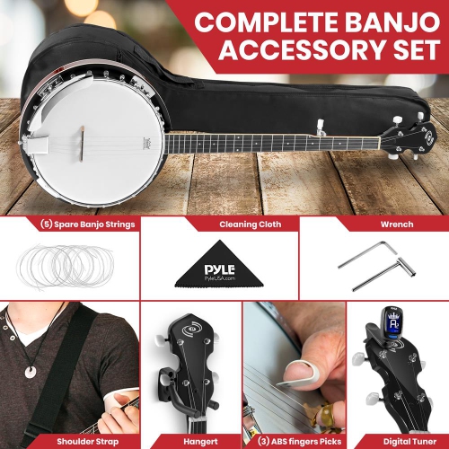 5-String Banjo with White Pearl Color Plastic Tune Pegs & High-Density Man-made Wood Fretboard and Accessory Kit