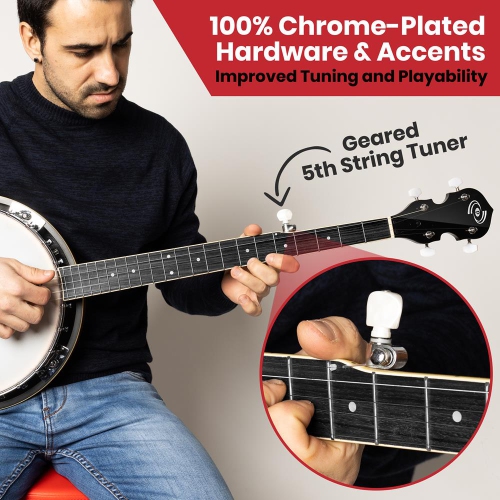 5-String Banjo with White Pearl Color Plastic Tune Pegs & High-Density Man-made Wood Fretboard and Accessory Kit