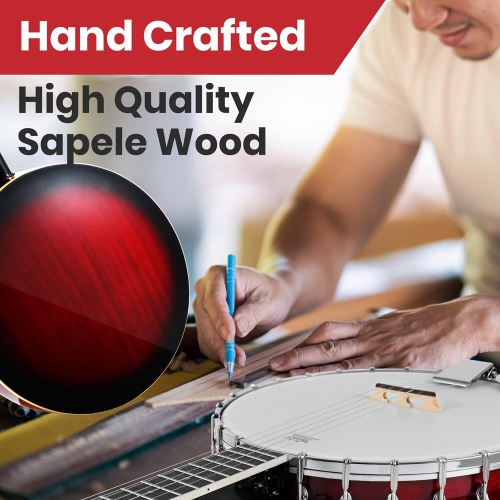 5-String Banjo with White Pearl Color Plastic Tune Pegs & High-Density Man-made Wood Fretboard and Accessory Kit