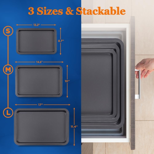 3-Pc. Nonstick Cookie Sheet Baking Pan - Professional Quality Kitchen Cooking Non-Stick Bake Trays with Black Coating Inside & Outside