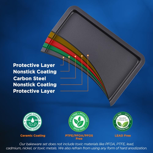 3-Pc. Nonstick Cookie Sheet Baking Pan - Professional Quality Kitchen Cooking Non-Stick Bake Trays with Black Coating Inside & Outside