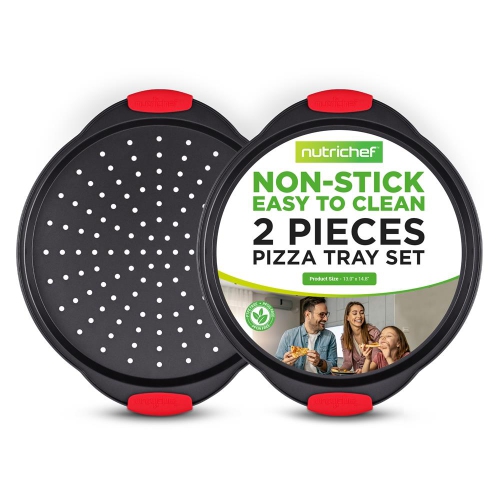 2-Pc. Non-Stick Pizza Tray with Silicone Handle - Round Steel Non-stick Pan with Perforated Holes