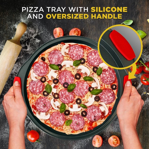 2-Pc. Non-Stick Pizza Tray with Silicone Handle - Round Steel Non-stick Pan with Perforated Holes