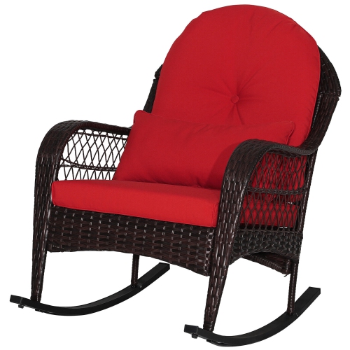 GYMAX  Wicker Rocking Chair W/ Seat Back Cushions & Lumbar Pillow Balcony Patio In Red