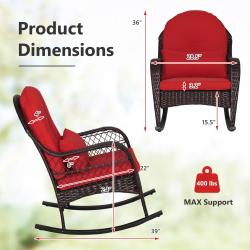 Gymax Wicker Rocking Chair w/ Red Seat Back Cushions & Lumbar Pillow Balcony Patio