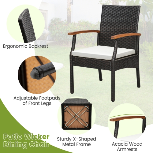 Gymax Set of 4 PE Wicker Chairs Acacia Wood Armrests w/ White Soft Zippered Cushion Patio