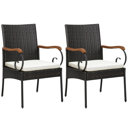 GYMAX  Set Of 2 Pe Wicker Chairs Acacia Wood Armrests W/ Soft Zippered Cushion Patio In White