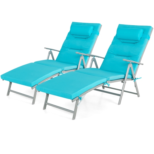 GYMAX  2PCs Folding Chaise Lounge Chair Recliner Cushion Pillow Adjustable Outdoor In Turquoise