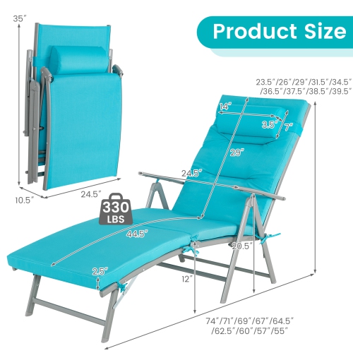 Gymax 2PCS Folding Chaise Lounge Chair Recliner Cushion Pillow Adjustable Outdoor Turquoise